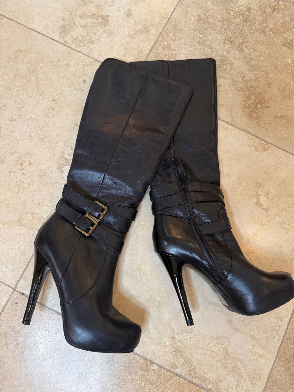💕Aldo Black High-Stiletto Knee Boots with Buckle Straps💕